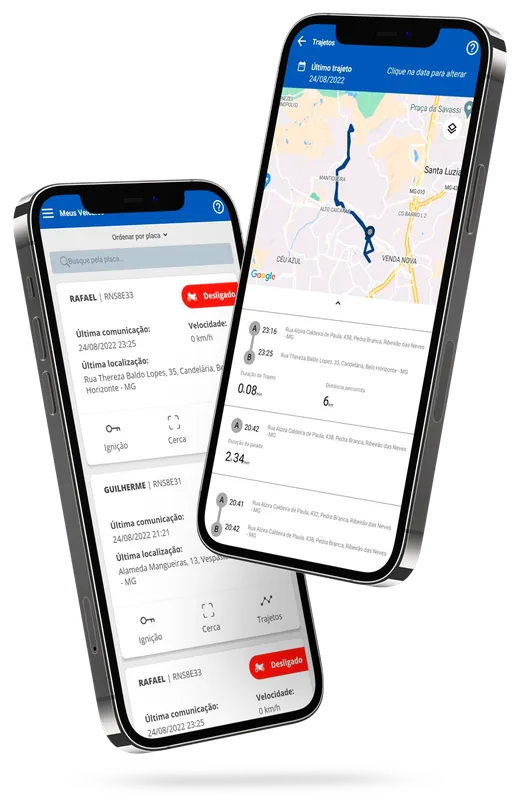 Aplicativo Solusat mostrando veículos, ignição, cerca virtual e trajetos